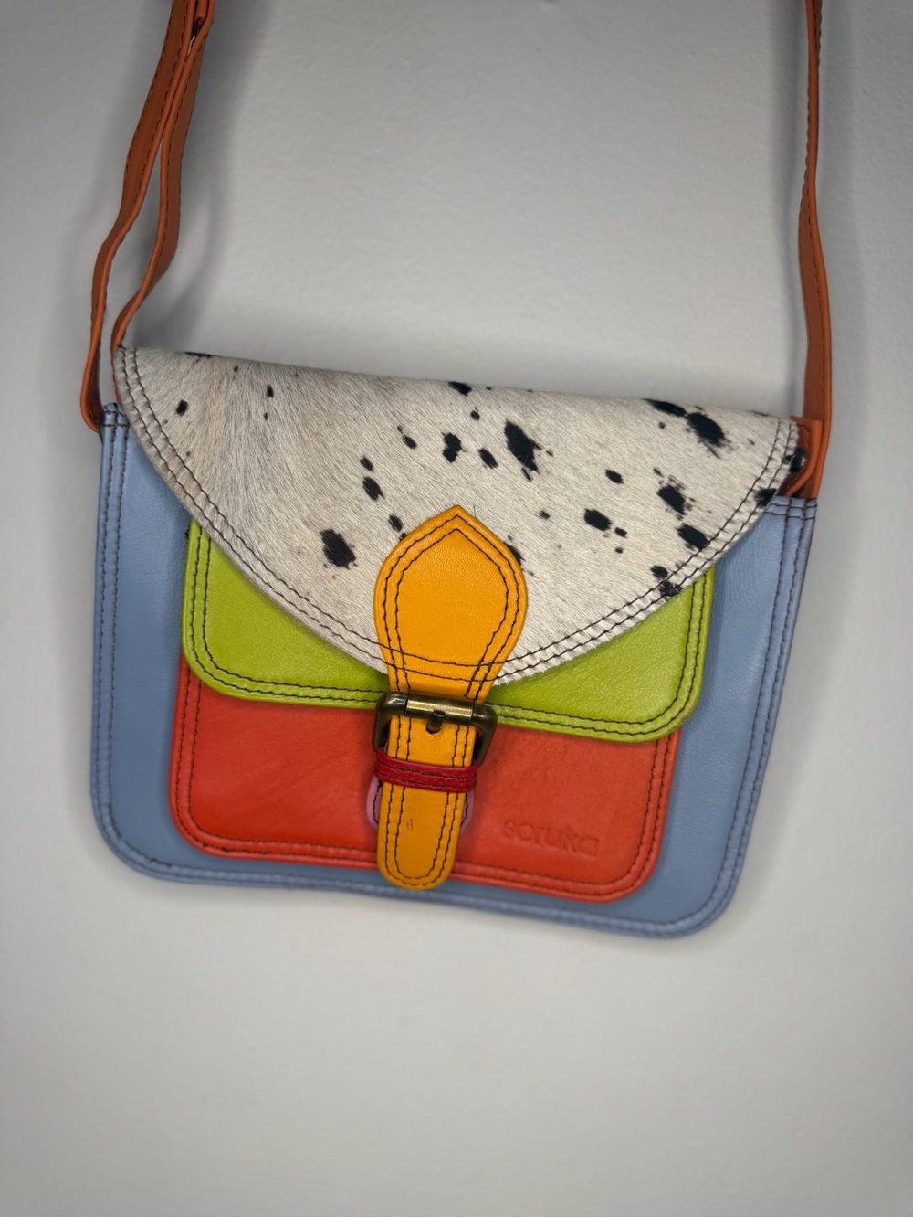 Soruka Multicolor Leather Cowhide Crossbody Bag Colorblock Boho Purse